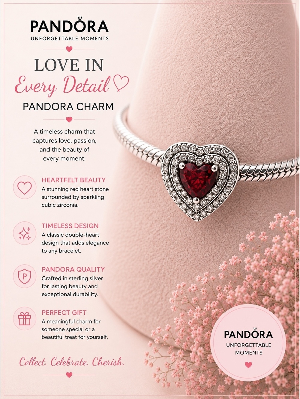 Pandora Heart-Shaped Red Stone Charm with Cubic Zirconia Accents